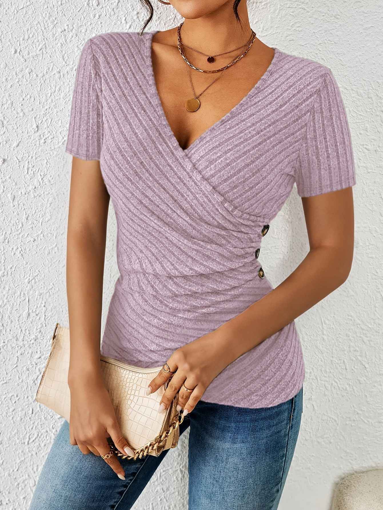 Blusa Cruzada de Manga Corta Con Cuello en V