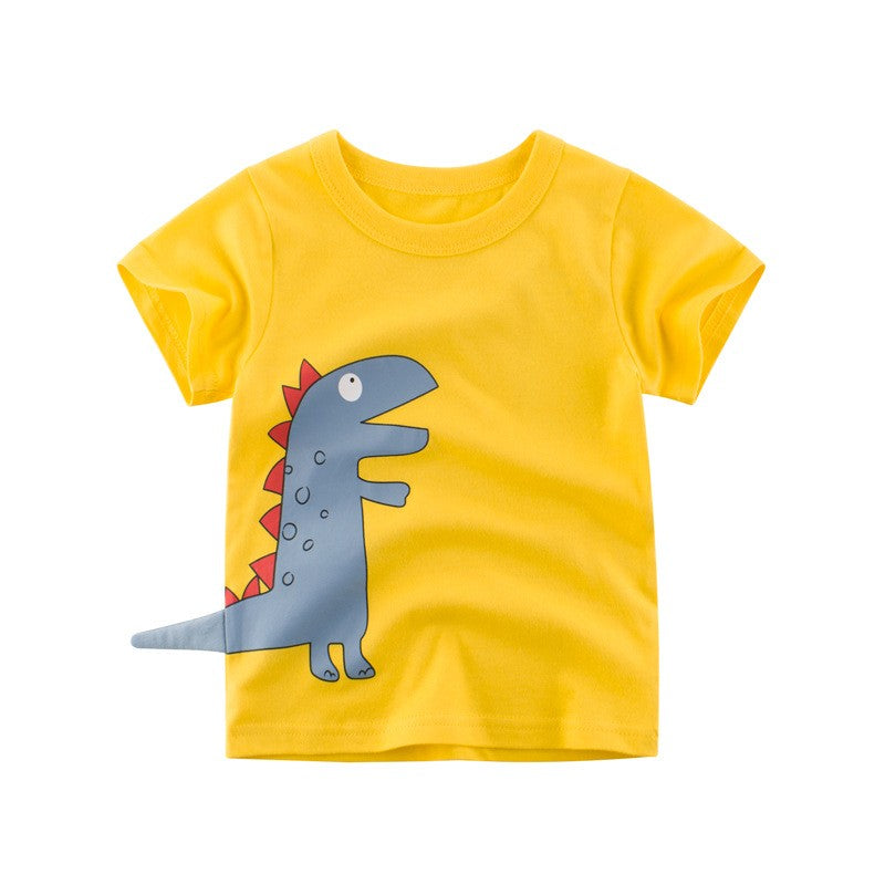 Playera de niños amarilla con estampado de dinosaurios