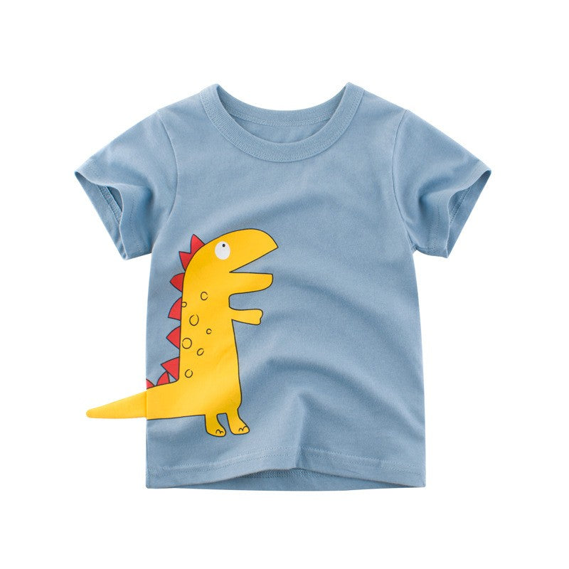 Playera de niños azul con estampado de dinosaurio amarillo