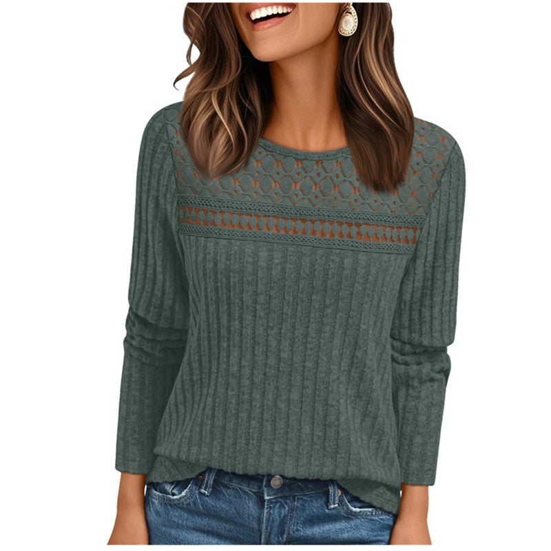 Blusa Holgada de Manga Larga Con Detalles de Encaje Para Mujer