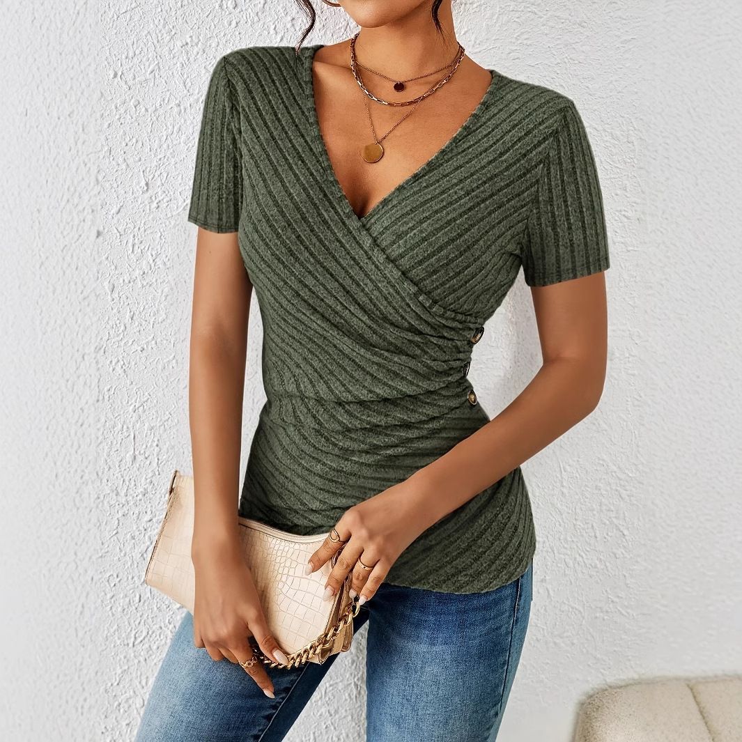 Blusa Cruzada de Manga Corta Con Cuello en V