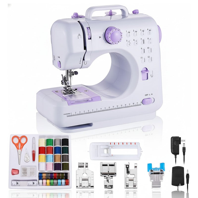 Máquina de coser compacta con pedal de control de velocidad, 12 puntadas y luz nocturna