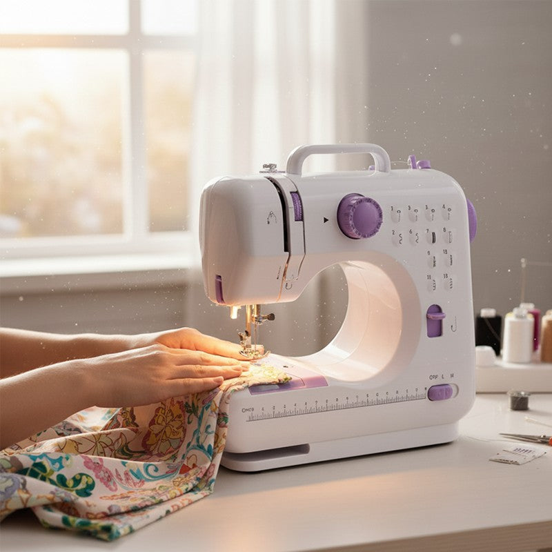 Máquina de coser compacta con pedal de control de velocidad, 12 puntadas y luz nocturna