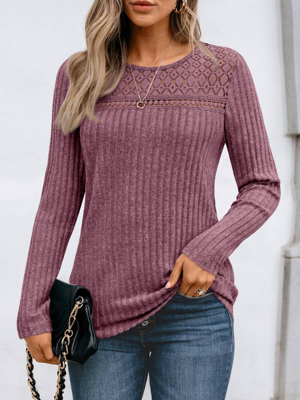 Blusa Holgada de Manga Larga Con Detalles de Encaje Para Mujer
