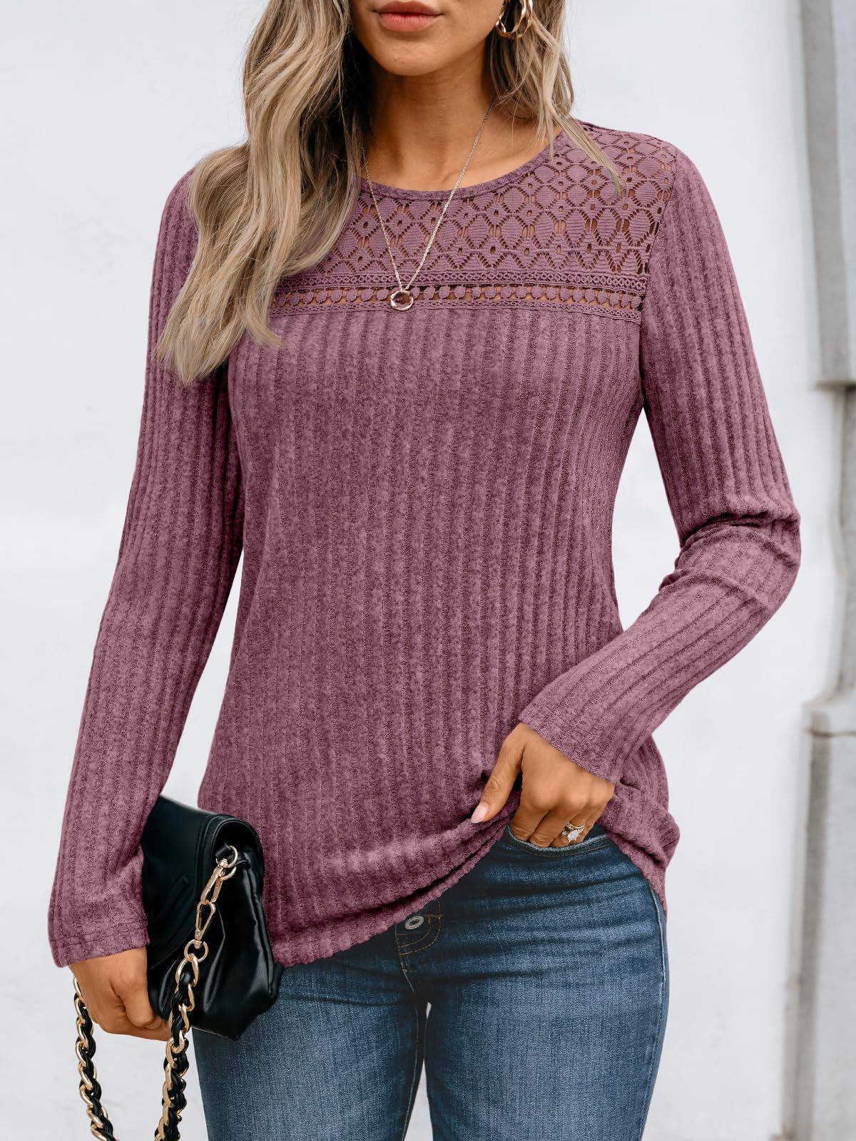 Blusa Holgada de Manga Larga Con Detalles de Encaje Para Mujer