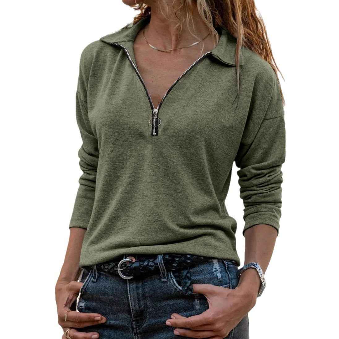 Polos de manga larga a la moda informal para mujer, jersey informal con solapa y