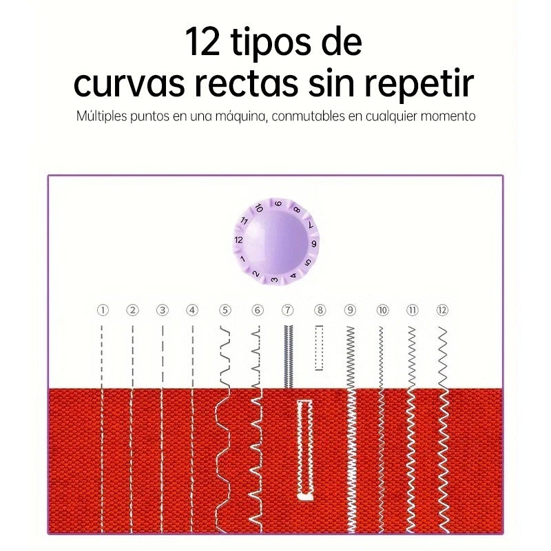 Máquina de coser compacta con pedal de control de velocidad, 12 puntadas y luz nocturna