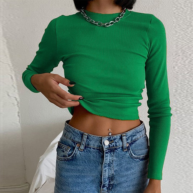 Camiseta Acanalada de Manga Larga Para Mujer