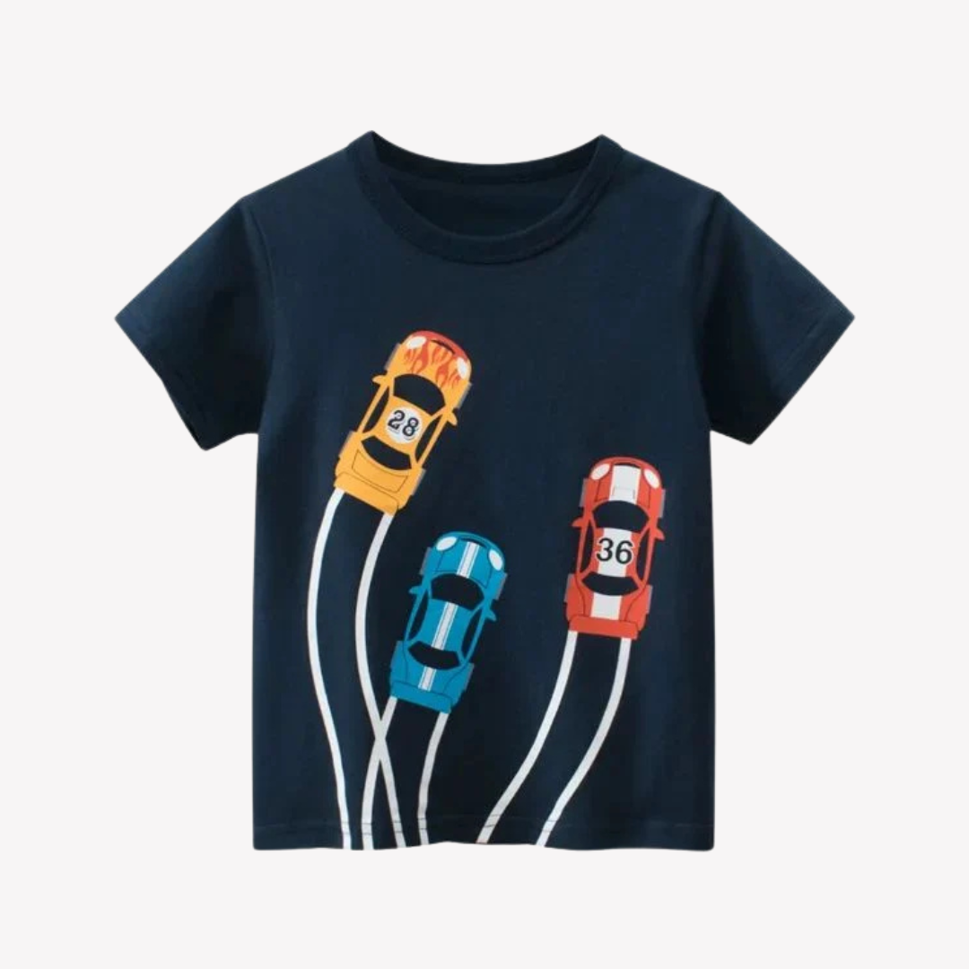 Playera de Manga Corta Para Niños Con Estampado de Autos de Carreras